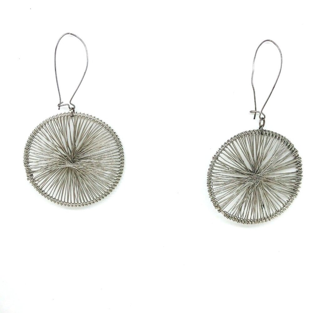 Vintage 1980s Handmade Silver Tone Drop Dangle Earrings Wheel Web Pattern